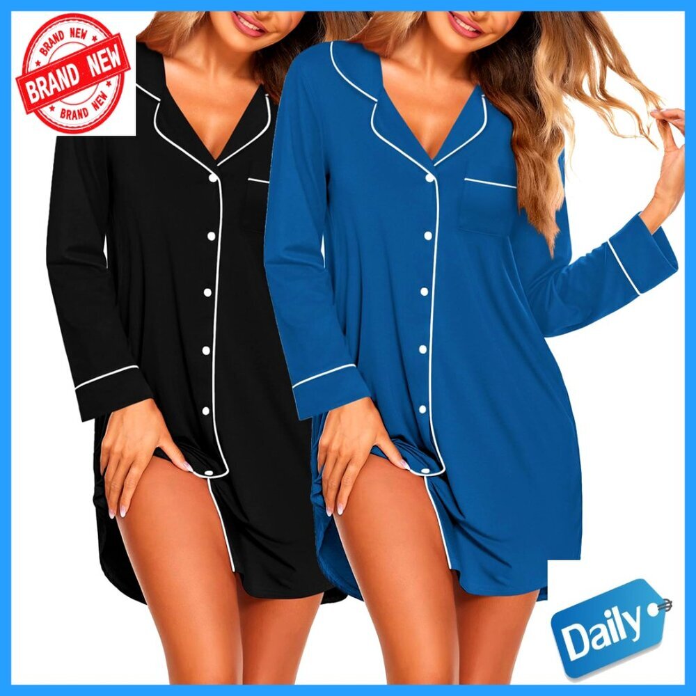 Long Sleeve Button Down Sleep Shirt Nightgown V-Neck Loose Fit Maternity Nursing